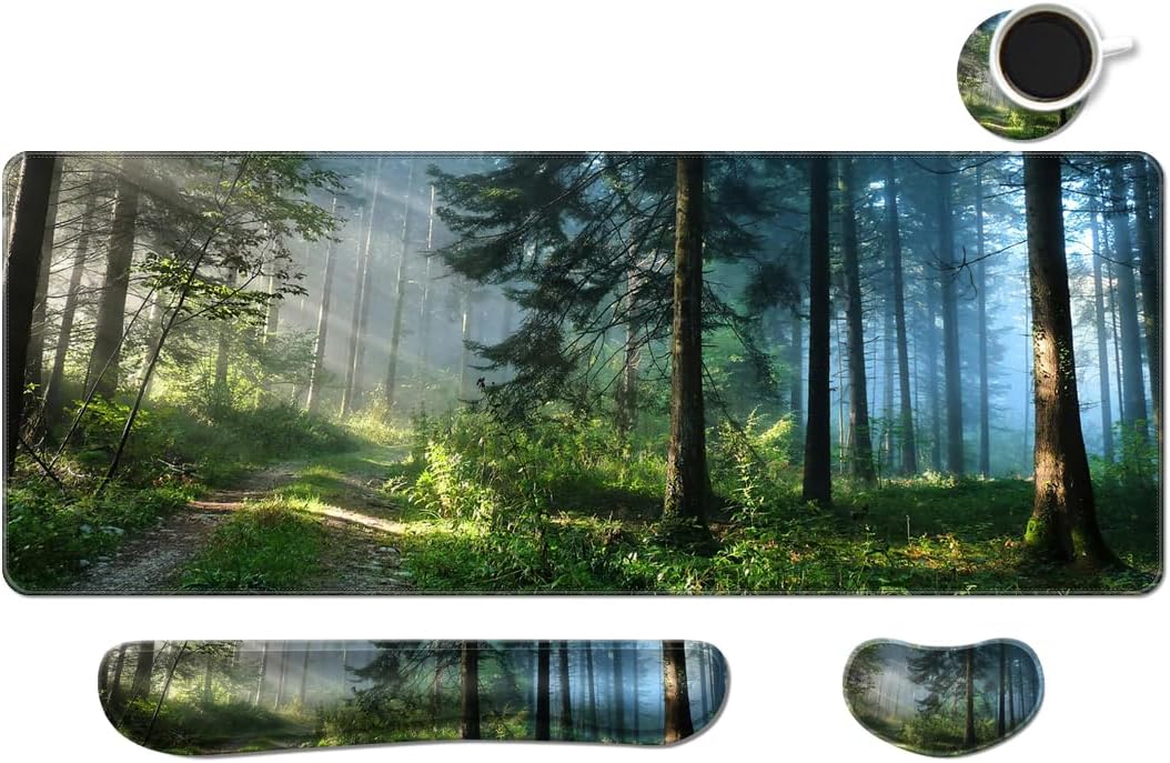 MIBITRI Keyboard Mouse Pad Set, Extended Gaming Mouse Pad+Ergonomics Keyboard Wrist Rest Support, Memory Foam, Easy Typing Pain Relief, 3Pcs XXL Ultra Thick Desk Mat, Forest in The Morning by MIBITRI