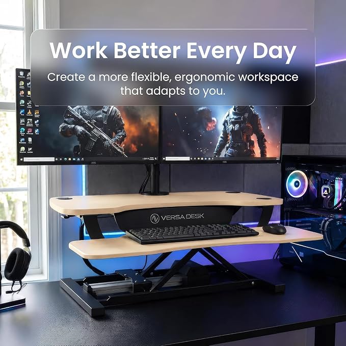 PowerPro 40 Inch Electric Standing Desk Converter – Push-Button Height Adjustable Sit to Stand Desk Riser for Triple Monitors & Laptop – Motorized Desktop Workstation with Wide Keyboard Tray - Image 7