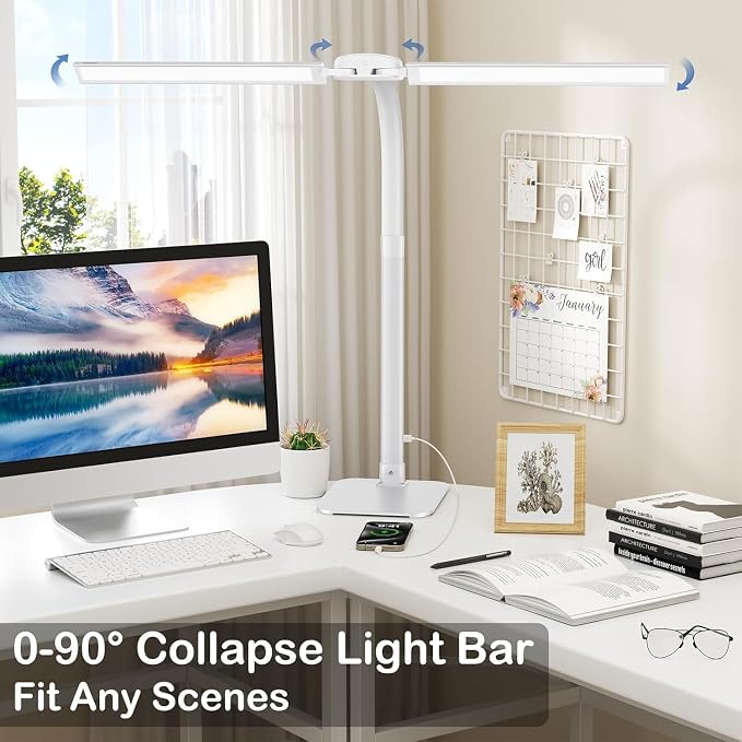24W LED Desk Lamp for Home Office, 1500lm Dual Head Task Light with Remote | Tall Architect Lamps for Reading, USB Charging Port, Eye Caring, Dimmable 5 Color Modes, Adjustable Gooseneck, Timer, Base - Image 2