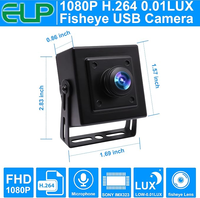 ELP Sony IMX323 Sensor Mini Wide Angle USB Camera with 180degree Fisheye Lens HD 1080P 0.01Lux Low Light PC Camera UVC H.264 USB2.0 Embedded Webcam for Computer, Laptop,Raspberry Pi - Image 2