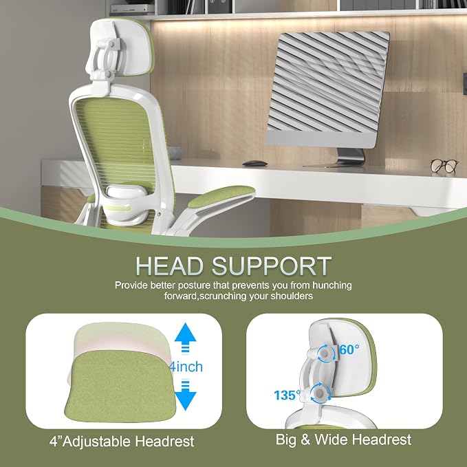 Mimoglad Office Chair, High Back Ergonomic Desk Chair with Adjustable Lumbar Support and Headrest, Swivel Task Chair with flip-up Armrests for Guitar Playing, 5 Years Warranty - Image 3