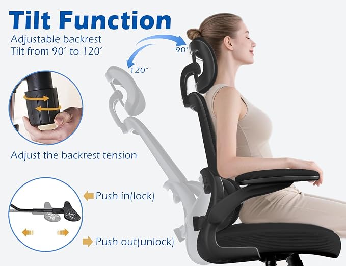 TRALT Ergonomic Office Chair Desk Chair with Adjustable Lumbar Support | Home Office Desk Chairs with Flip-up Armrests & 3D Headrest - Mesh Gaming Chairs for Adults, 330lbs, PU Leather (Black, 1) - Image 7