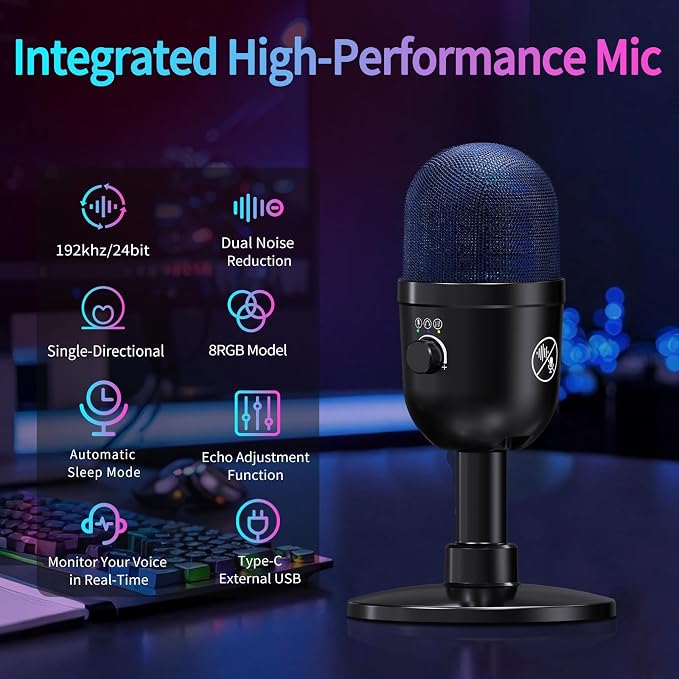 USB Gaming Condenser Microphone for PC/Desktop,192kHz/24Bit,Noise Cancellation,Monitoring,Quick Mute & RGB Lighting,USB PC Mic for Laptop,Podcast,Streaming,Recording Black - Image 2