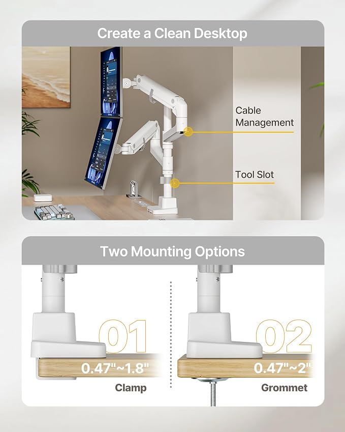 monTEK Dual Monitor Arm, Vertical Stackable 57", Heavy Duty with USB White | Vertical Stackable Gas Spring Arm For 17–57" Ultrawide Monitors,Up To 59.4 Lbs Each, 75/100 VESA Mount with USB 3.0A/C - Image 7