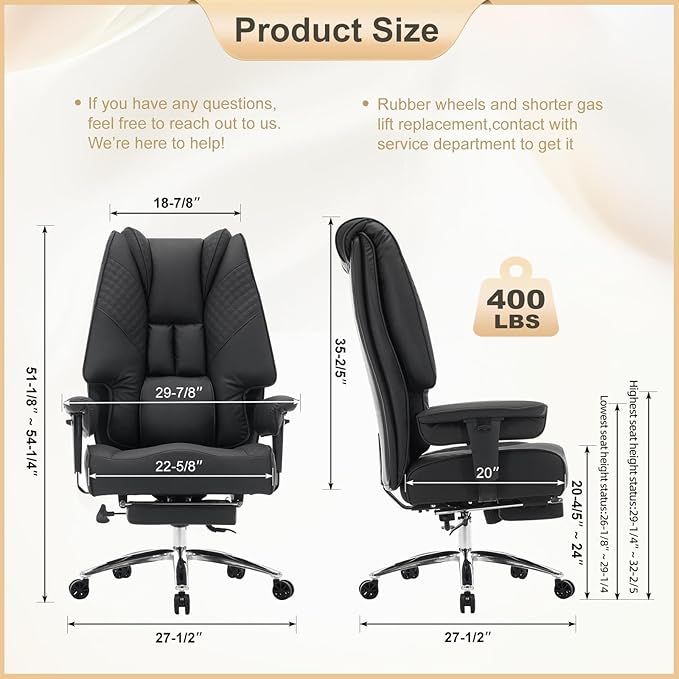 EXCEBET Big and Tall Office Chair 400lbs Wide Seat, Leather High Back Executive Office Chair with Foot Rest, Ergonomic Chairs Lumbar Support for Lower Back Pain Relief (Black) - Image 2