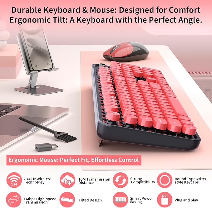 Wireless Keyboard Mouse Combo, 104 Keys Cute Colorful Typewriter Black Red | Full Size With Number Pad & Mouse,1600DPI,Compatible With All Windows,Ideal For Computer, PC, Notebook, Laptop - Image 2