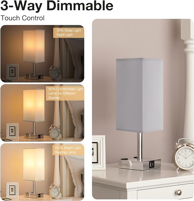 Touch Bedside Table Lamp for Bedroom - Dimmable, USB C+A, 2 AC Outlets | 3-Way Dimming, 3000K Bulb Included, Square Grey Lampshade and Silver Base, Desk Lamp for Nightstand, Living Room, Dorm - Image 2