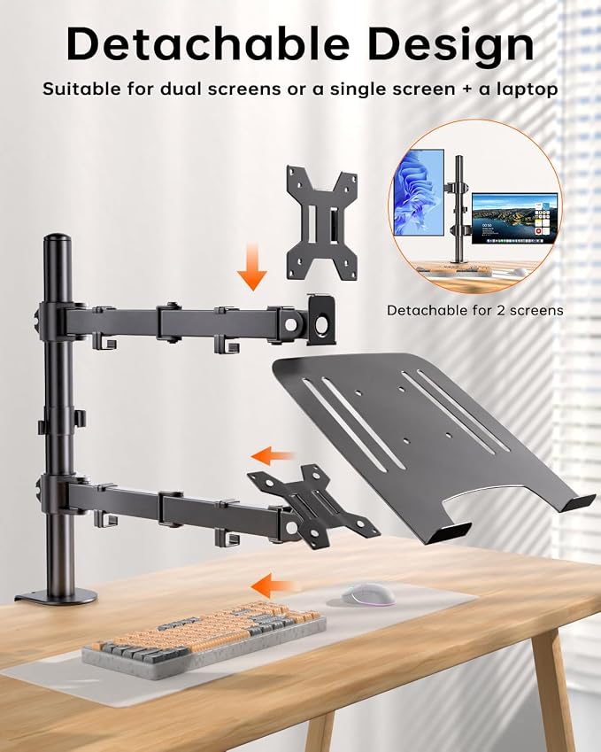 Afaloona Dual Monitor and Laptop Stand for 13-32" Monitor & 11-17" Laptop | Removable laptop tray converts to a dual monitor mount with full-motion adjustment for work and gaming, up to 18 lb per arm. - Image 2