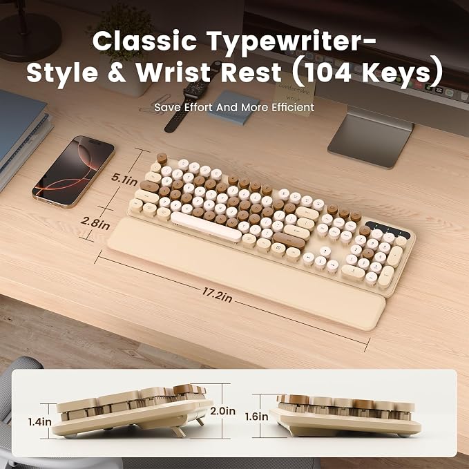 Wireless Keyboard, Round Keycaps, Retro Typewriter Keyboard with Magnetic Wrist Rest, Sleep Mode, Foldable Legs, 2.4GHz Full-Size Cordless Computer Keyboard for Windows PC, Laptop (Beige & Brown) - Image 7