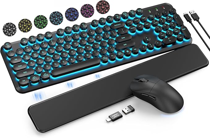 Wireless Keyboard and Mouse Backlit - Typewriter Keyboard with Magnetic Wrist Rest, Retro Round Keys, Light Up Letters, 2.4GHz Cordless Combo for Mac, Windows, PC, Laptop, Trueque CK23Pro [Upgraded] | Retro Round Keys, Light Up Letters, 2.4GHz Cordless... by Trueque