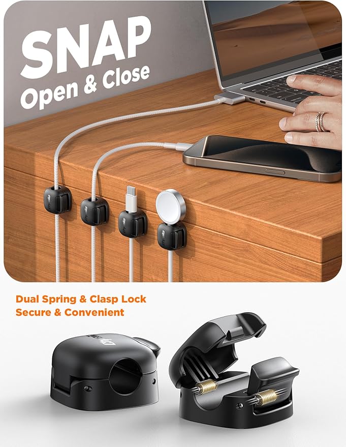 12Pack Cord Organizer - Chfeila [Dual Spring & Clasp Lock] Cable Management Clips, Adhesive Phone Charger Keeper, Compact Wire Holder for Nightstand/Car, Home Office Desk Accessories Decor Essentials - Image 2