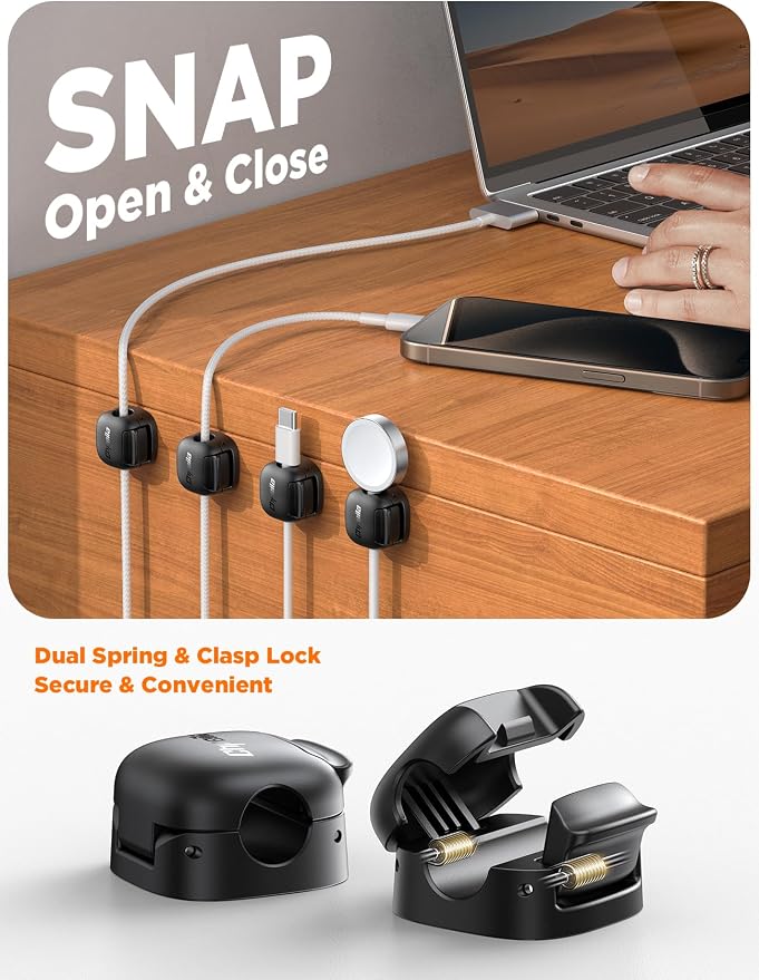 6Pack Cord Organizer, Chfeila Spring Cable Clips [1s Lock] Cable Management, Cute Cord Holder for Nightstand Home Office Desk Accessories Women Men,Girls Guys College Dorm Room Essentials Decor, Black - Image 2