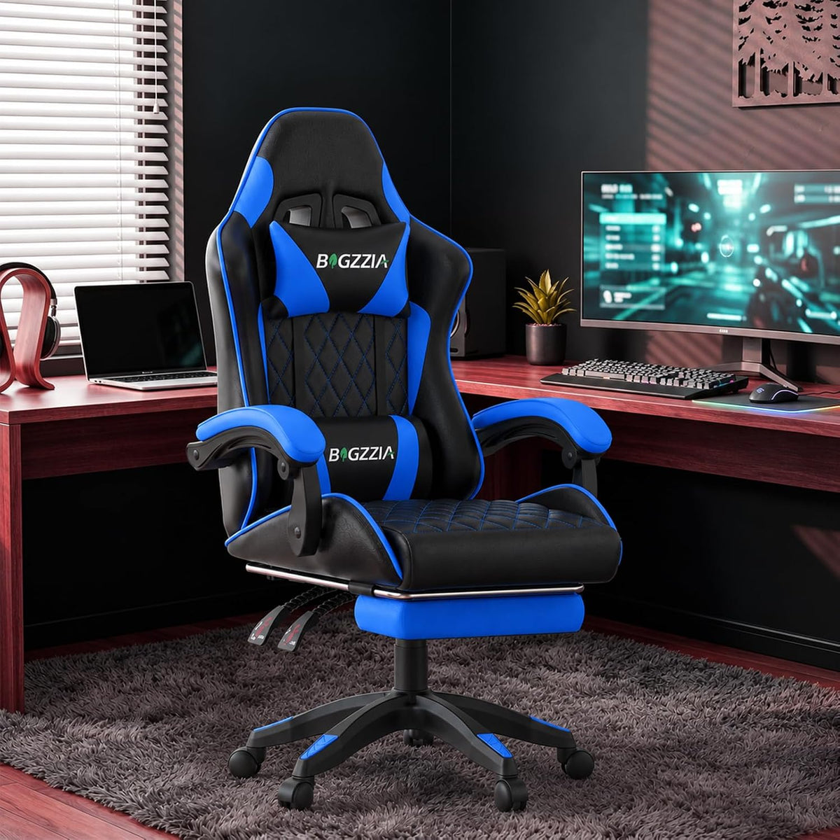 Bigzzia Gaming Chair with Footrest, Comfortable Gamer Chairs Blue - Image 2