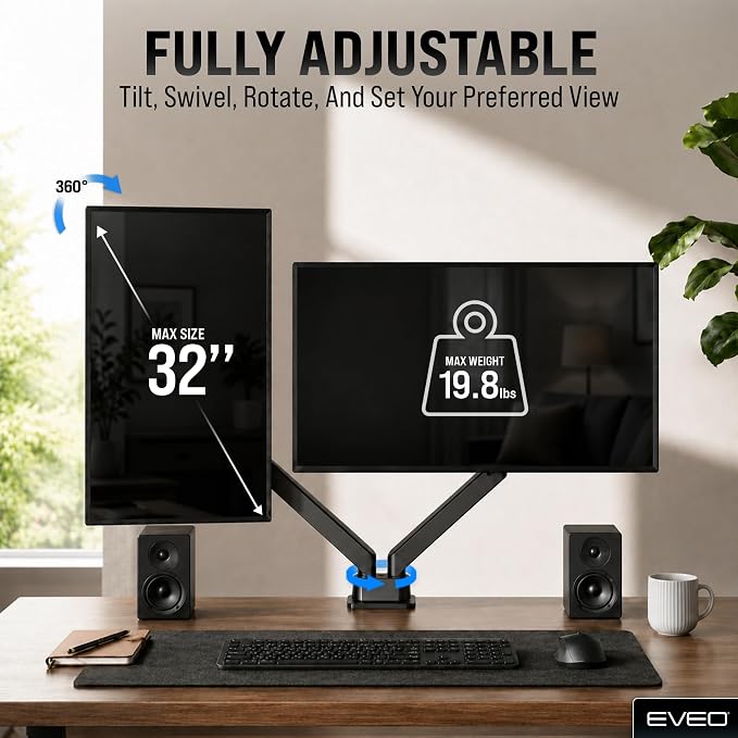 EVEO Premium Dual Monitor Mount 14"-32” Dual Monitor Arm VESA Bracket Adjustable Height Gas Spring Dual Monitor Stand, Screen Full Motion Dual Monitor Arm-Computer Monitor Stand for 2 Screens - Black - Image 3