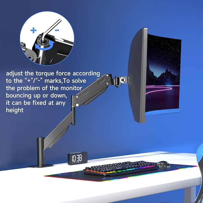 Pholiten Heavy Duty Monitor Arm for up to 43" | Adjustable Gas Spring Arm, Ultrawide Monitor Mount, Clamp/Grommet Mounting Base - Image 5