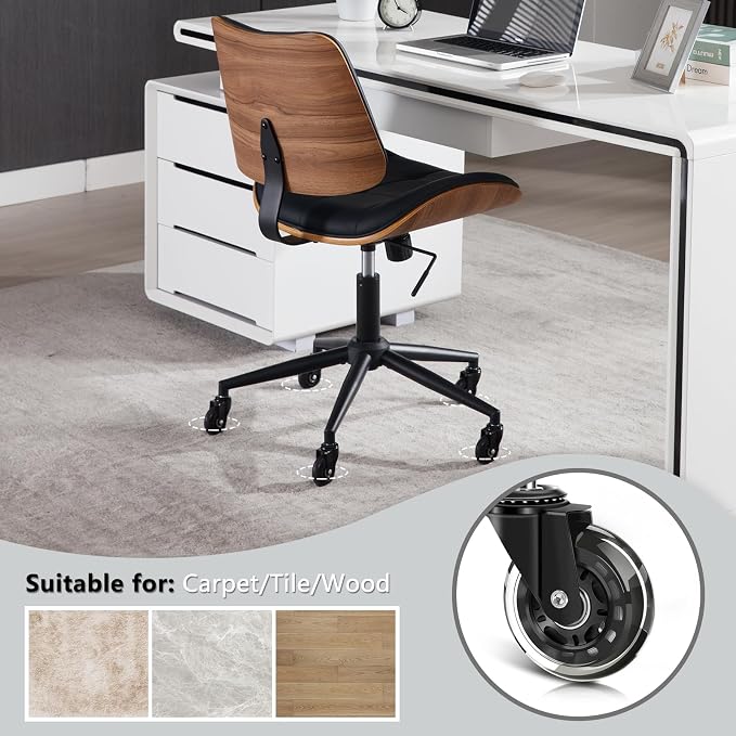 Home Office Desk Chair with Rubber Wheels, Armless Bentwood, Black | Adjustable Height Armless Office Chair, PU Leather Mid Back 360°Small Computer Chair, No Arms Walnut Seating, 300LBS Support - Image 3
