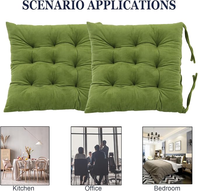 2 Pack Square Seat Cushion Chair Pads for Kitchen Dining Chairs, Soft Comfort Velvet Chair Mat Pillow Cushions with Ties for Office Desk Living Room Tatami 15.5", Green - Image 5