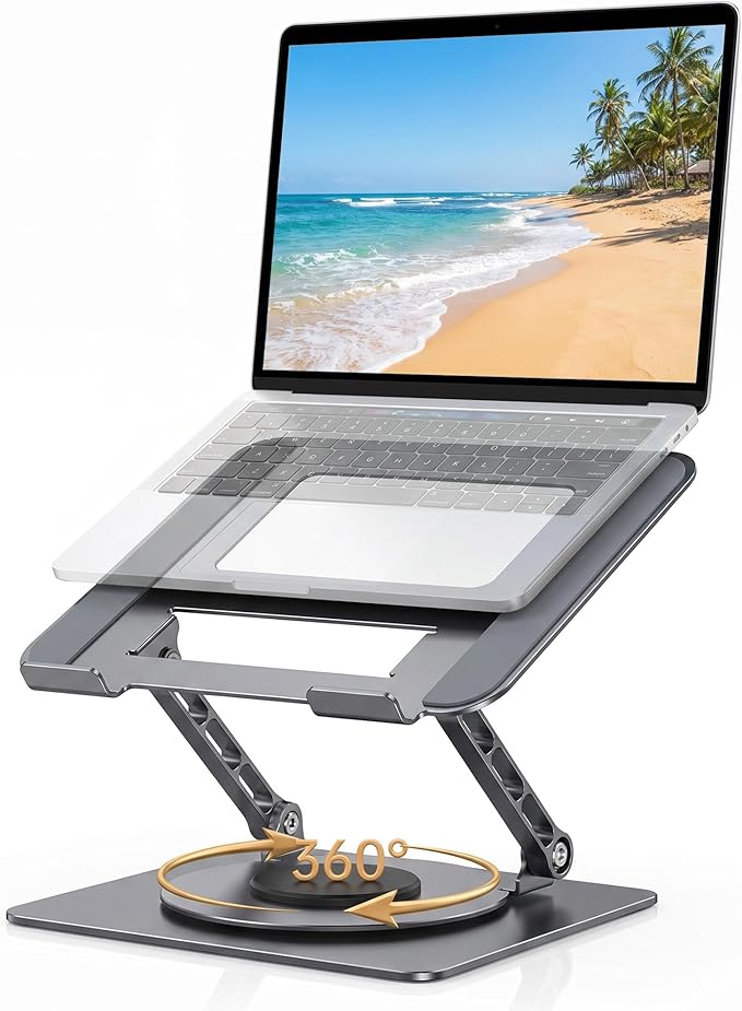 Aluminum Laptop Stand for Desk, Heavy Duty Computer Stand with 360° Rotating Base, Ergonomic Adjustable Height Notebook Riser, Compatible with MacBook Pro/Air, Dell, HP, 10-17” Laptops - Grey by Unknown