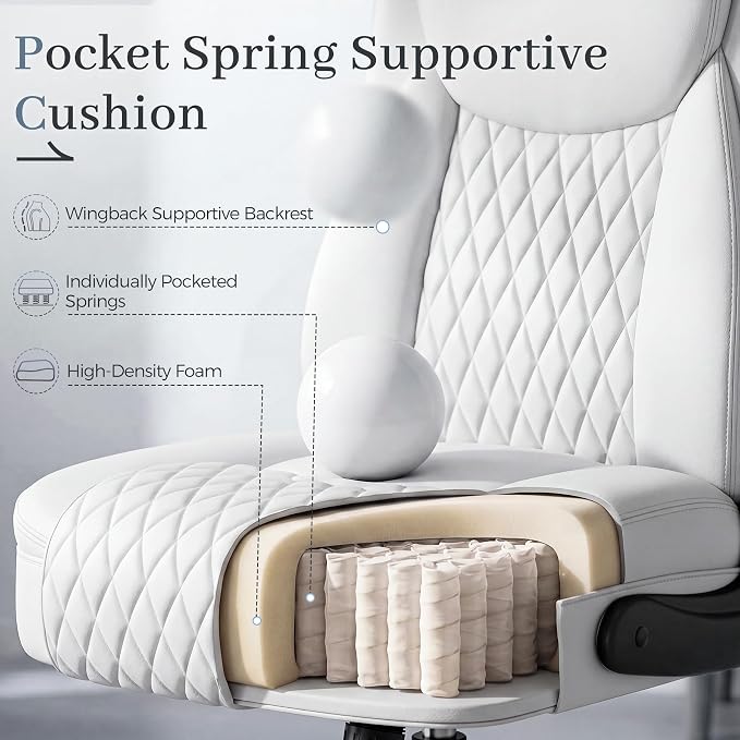 GTPOFFICE Executive Office Chair with Comfortable Lumbar Support, Ergonomic Gaming Chair with Flip-up Armrests & Zoned Pressure-Relief Cushion, Comfy PU Leather Desk Chair, White - Image 5