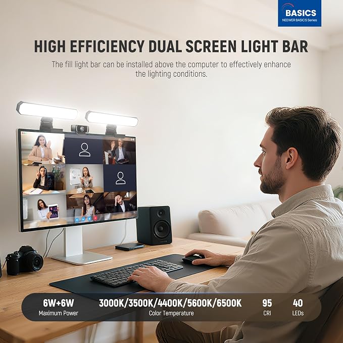 NEEWER Basics 12W Dual Monitor Light Bar with Stands for Home Office, L10 | LED Lamp Video Conference Lighting, Desk Computer Laptop Webcam Zoom Streaming, Bi Color, Remote, Touch Control, Dimmable - Image 2