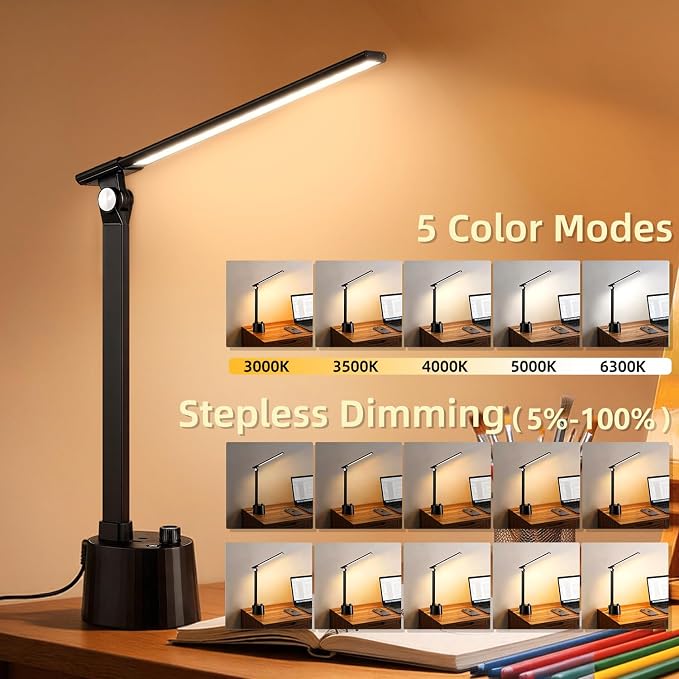 BOHON Small Desk Lamp with USB C Charging Port 5 Colors Stepless Dim Black | Reading Light Space-Saving Rotating Head Desk Lamp for Home Office College Dorm Room Bedside Table Bedroom - Image 2
