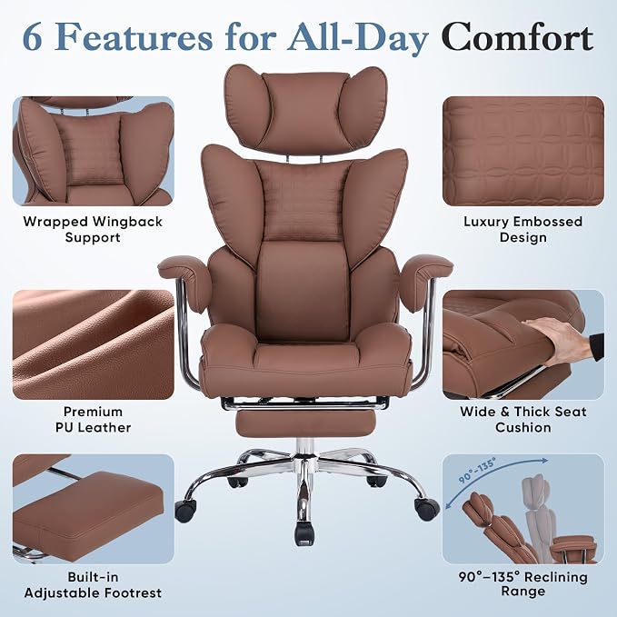 DUMOS Big and Tall Home Office Desk Chair, Executive Chair with Footrest | Scratch-Resistant PU Leather, Ergonomic Reclining, Pocket Spring Support, 400 LBS Weight Capacity, Brown - Image 5