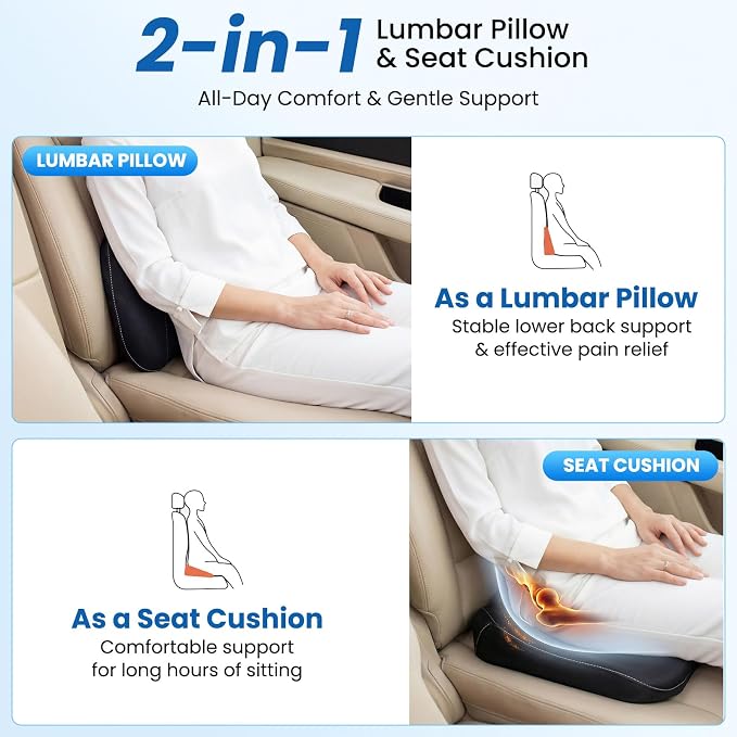 Car Lumbar Support Pillow for Driving, 2-in-1 Seat Cushion | Ergonomic Memory Foam for Driving Comfort, Improves Posture, Breathable Fabric, Fits Cars, Trucks & Office Chairs - Image 2