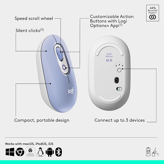 Logitech POP ICON Combo Wireless Bluetooth Keyboard and Mouse - Lilac | Comfortable typing, programmable keys and buttons, Easy-Switch up to 3 devices - Image 7