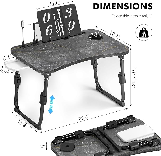Lap Desk for Bed Adjustable Height, Foldable Bed Table with Storage Drawer, Tablet Slot & Cup Holder, Portable Laptop Stand for Bed & Sofa, Bed Desk for Adults & Kids, Deep Stone Color - Image 3