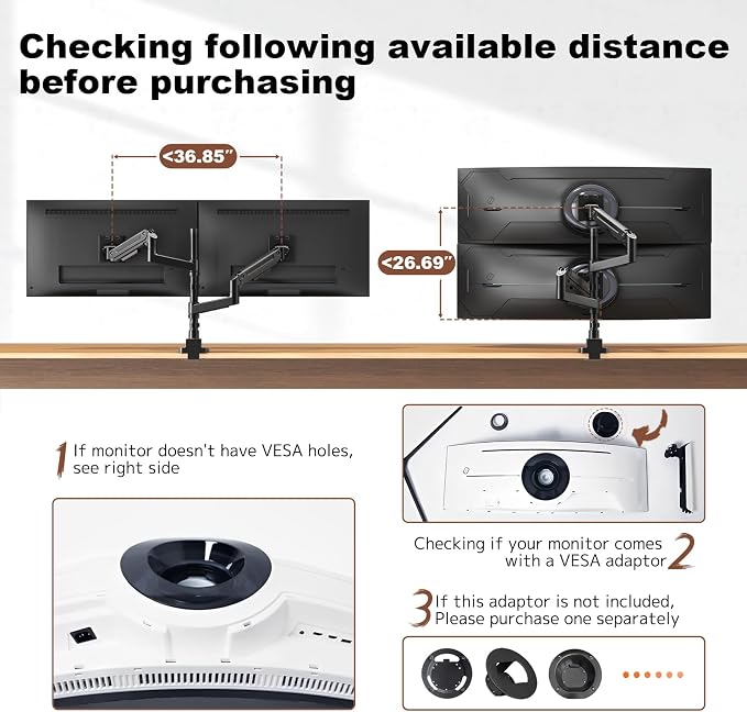 Dual Monitor-Arm Heavy-Duty for 17-49-inch Screens - Premium Vertical Stacked Dual Monitor Arm Desk Mount for Ultrawide Screens up to 44lbs, Fully Adjustability, VESA 75/100 mm, Black - Image 4