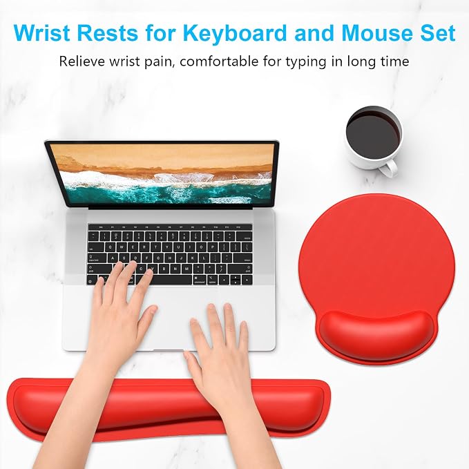 Dapesuom Keyboard Wrist Rest and Mouse Pad with Wrist Support, Cute Memory Foam Cushion for Keyboard and Mouse Set, Ergonomic Desktop Pad Rests with Non Slip Base for Easy Typing & Pain Relief, Red - Image 2
