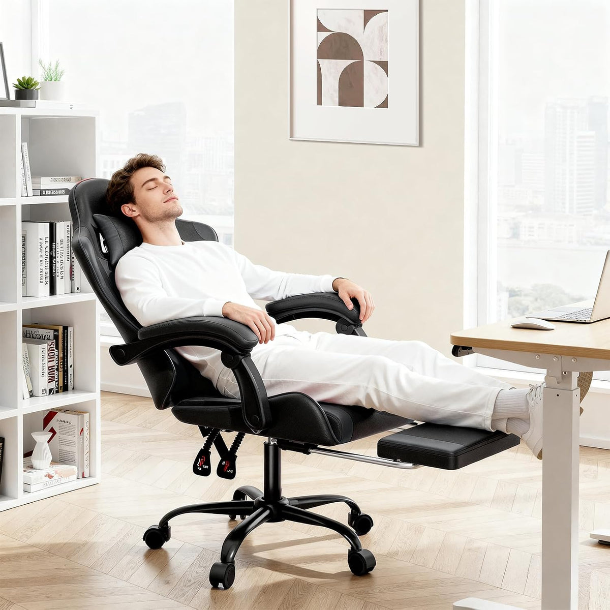 Gaming Chair, Footrest & Lumbar Support, Height Adjust, Black - Image 4