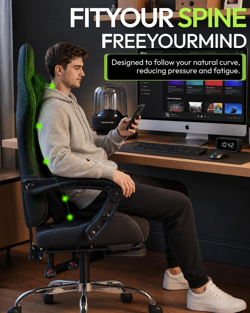 Dowinx Ergonomic Gaming Chair with Footrest & Massage Lumbar, 2D-Linkage Armrests for Computer Chair 330lbs with Headrest Pillow for Office, Home, Streaming and Long Gaming Sessions, Black - Image 6