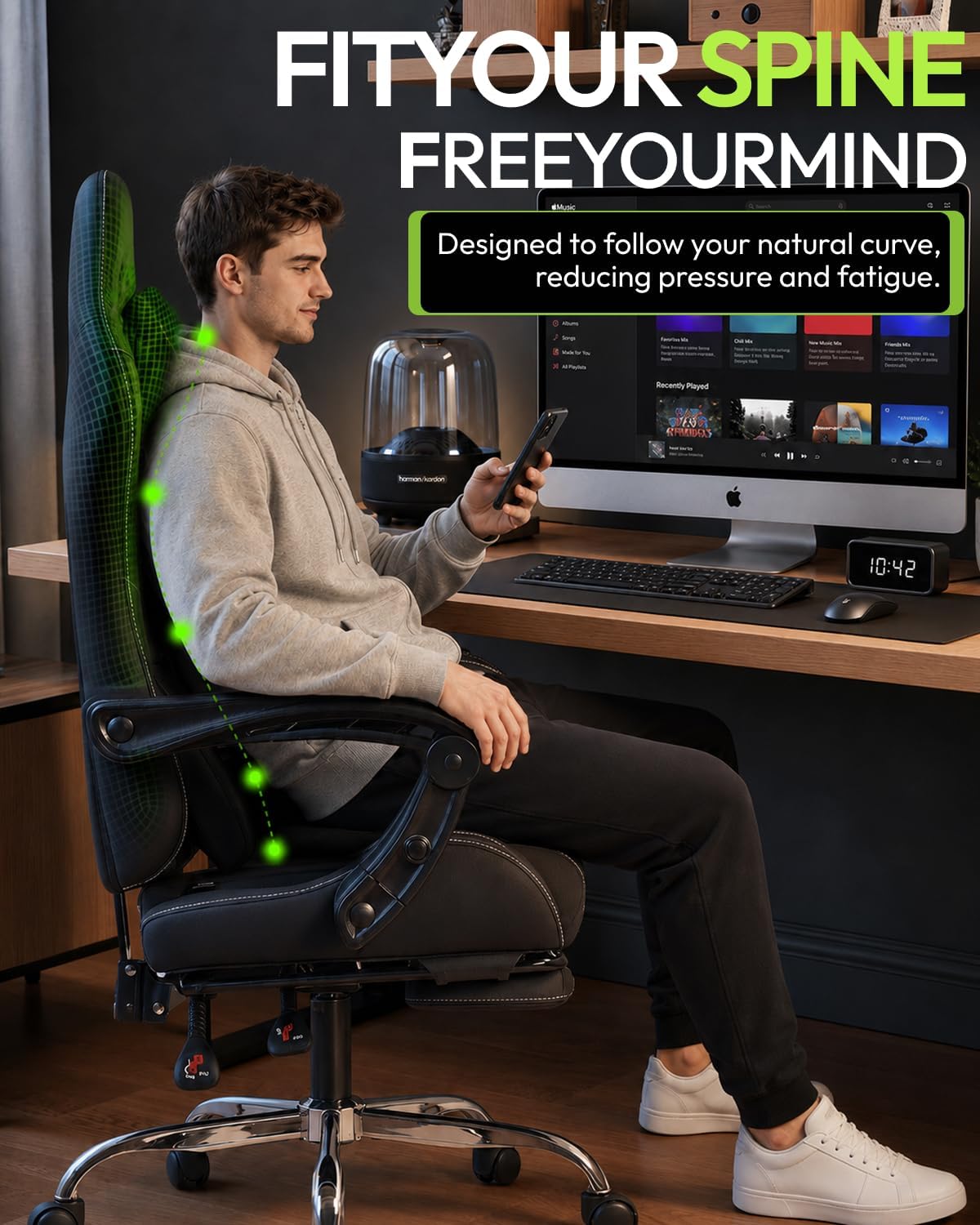 Dowinx Ergonomic Gaming Chair with Footrest & Massage Lumbar, 2D-Linkage Armrests for Computer Chair 330lbs with Headrest Pillow for Office, Home, Streaming and Long Gaming Sessions, Black - Image 6
