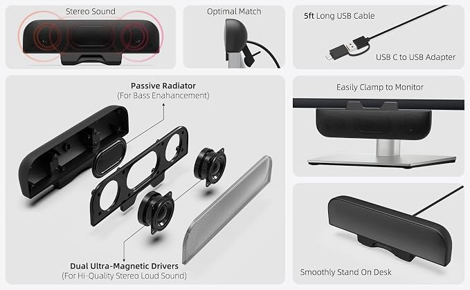Computer Speakers for Desktop PC, Monitor Speakers, USB Plug-in, Wired, External Speaker for Laptop, Small Computer Soundbar for PC, with Loud Sound, Deep Bass, USB-C Adapter, Easily Clamp to Monitor - Image 4