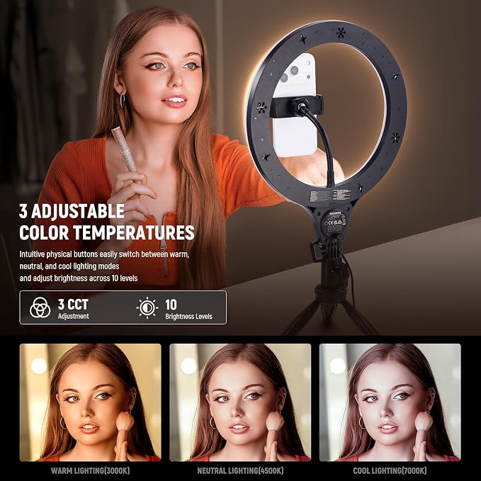NEEWER Entry Level Version 10.5" Desk Ring Light w Tripod Stand/Phone Holder Compatible with iPhone, Timer/Remote, 10W CRI85+ LED Lighting for Selfie Makeup Streaming Recording Video Conference, N25 - Image 3