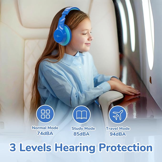 EarFun K4NC Active Noise Cancelling Headphones for Kids,120H Playtime Blue | 74/85/94dBA Volume Limited, Kids Bluetooth Headphones with Mic, Bluetooth 5.4 Stereo Sound Kid Headset for School/Home/Travel - Image 3