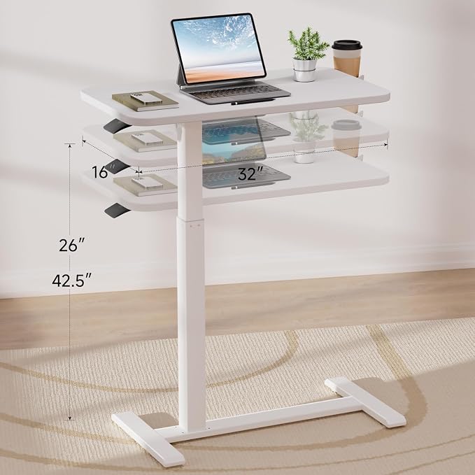 GTPLAYER Small Standing Desk with Hidden Wheels, Pneumatic Mobile Rolling Laptop Desk, Adjustable Height Overbed Bedside Table Computer Workstation for Home Office (28" W x 16" D, White) - Image 3