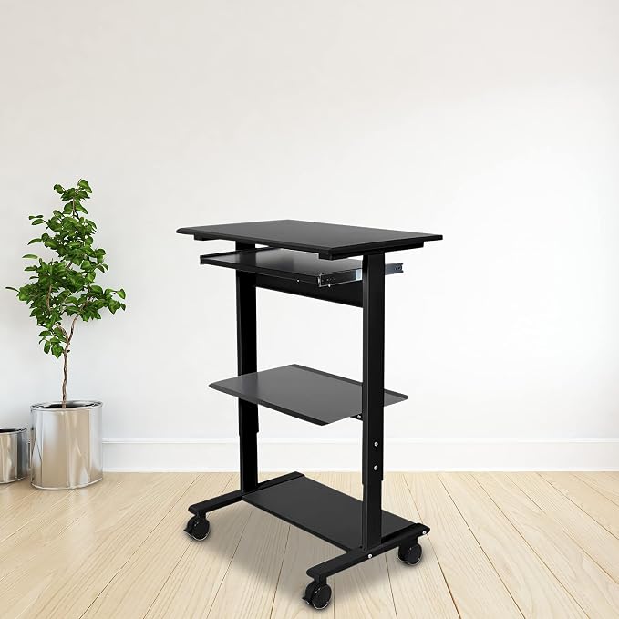 Stand Up Desk Store Mobile Rolling Adjustable Height Standing Workstation with Printer Shelf and Slideout Keyboard Tray (Black Frame/Black Top, 30" Wide) - Image 2