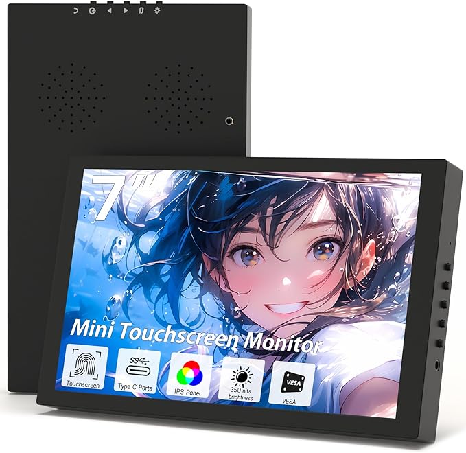 Small Monitor Touchscreen 7 Inch HD 1280x800 Type C HDMI Ports Mini Portable Monitor IPS LED Display for PC Laptop Ras Pi, Built-in Speakers by Pisichen