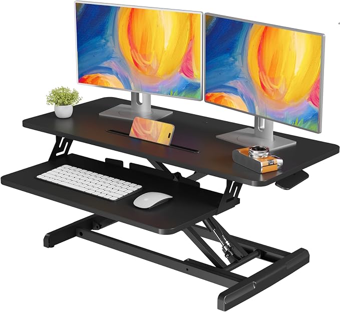 JOY worker Standing Desk Converter, 35" Height Adjustable Sit Stand Riser | Black Desktop Sit to Stand Riser with Fixed Keyboard Tray, Dual Monitor and Laptop Workstation, Particle Board, Home Office by JOYworker