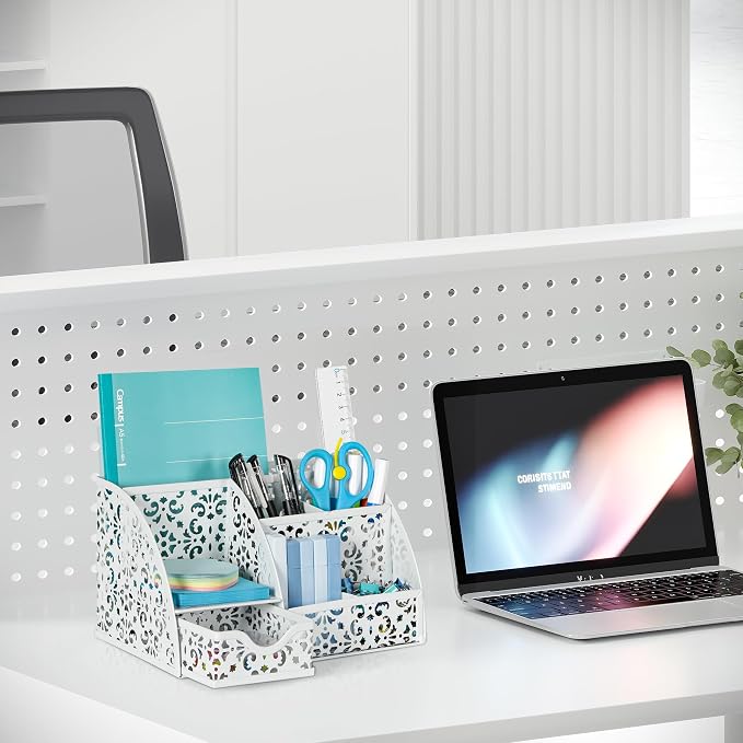 EasyPAG Desk Organizer and Pen Holder for Desk, Mesh Office Supplies Storage Caddy with Drawer for Small Space, Desktop Organizer for Home Office, White - Image 6