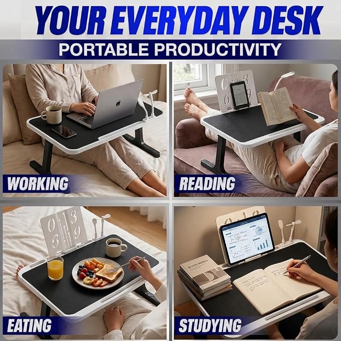 USB-C LED Light Foldable Lap Desk with LED Lamp, Cooling Fan & Book Stand — Portable Bed Laptop Table with Side Drawer, Phone & Tablet Holder, Fast Charging Port - Image 4