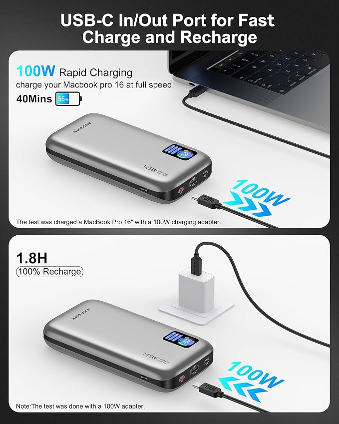 AsperX Laptop Power Bank, 145W USB C PD 3.1 Fast Charging Portable Charger | TFT Display Portable Laptop Charger Battery Pack for MacBook/iPhone 16/Dell XPS/Galaxy S25/Steam Deck/ipad (Flight-Approved) - Image 2