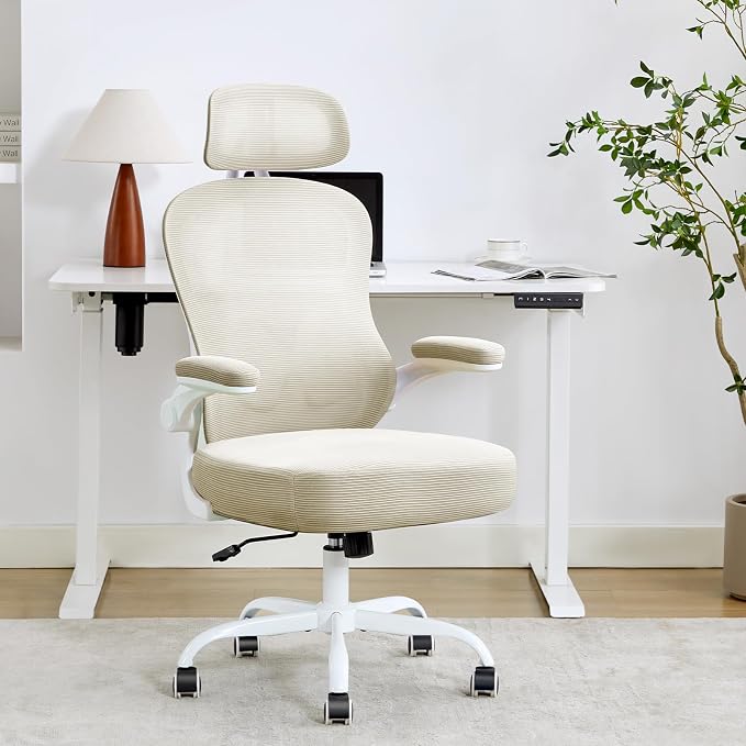 Ergonomic Office Chair,Ultra Thick Spring Cushion Desk Chair,Khaki | Adjustable Lumbar Support and Headrest,Flip-up Arms,Rocking Function,Mesh Home Office Computer Chair - Image 7