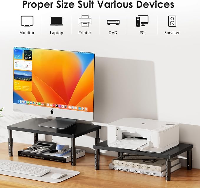 ECOLOVI Adjustable Wood Computer Monitor Stand Riser, Office Desk Organizer and Accessories for Monitor, Laptop, PC, Printer, Office Desk Accessories Workspace Organizer for Home Office Supplies, Black - Image 7