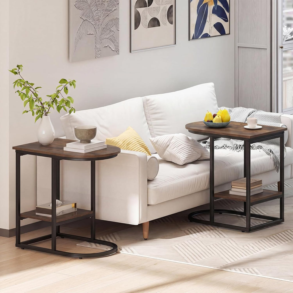 GIANTEX C Shaped End Table Set of 2, Modern Sofa Side Table with Industrial Wood Tabletop & Storage Shelf, Slide Under Sofa Bed, 2-Tier Couch Table for Small Spaces Living Room Bedroom, Rustic Brown - Image 2