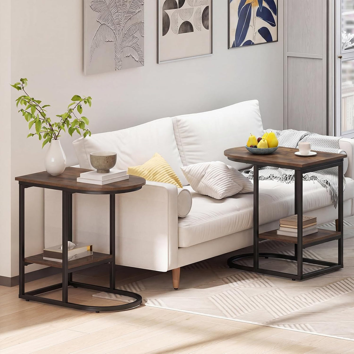 GIANTEX C Shaped End Table Set of 2, Modern Sofa Side Table with Industrial Wood Tabletop & Storage Shelf, Slide Under Sofa Bed, 2-Tier Couch Table for Small Spaces Living Room Bedroom, Rustic Brown - Image 2
