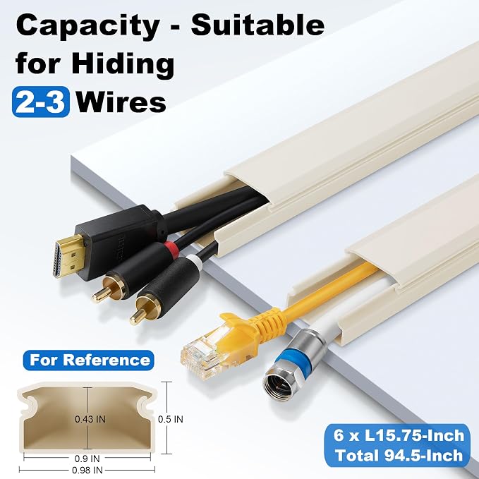 ZhiYo Cord Cover Wall Kit, 94.5in Cord Hider Wall Mounted TV, Wire Covers for Cords, Paintable Wire Hiders for TV On Wall, TV Cable Hider Wall Kit, Wall Cord Concealer, 6 x L15.7in W0.98 H0.5in, Beige - Image 2