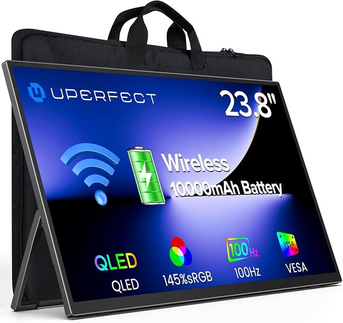 UPERFECT 23.8" 1080P 100Hz Wireless Portable Monitor with Battery 10000mAh | 145% sRGB QLED Gaming Monitor with Stand, Bag & VESA, Large Second Screen for Laptop, Computer, Phone, Game Consoles by UPERFECT